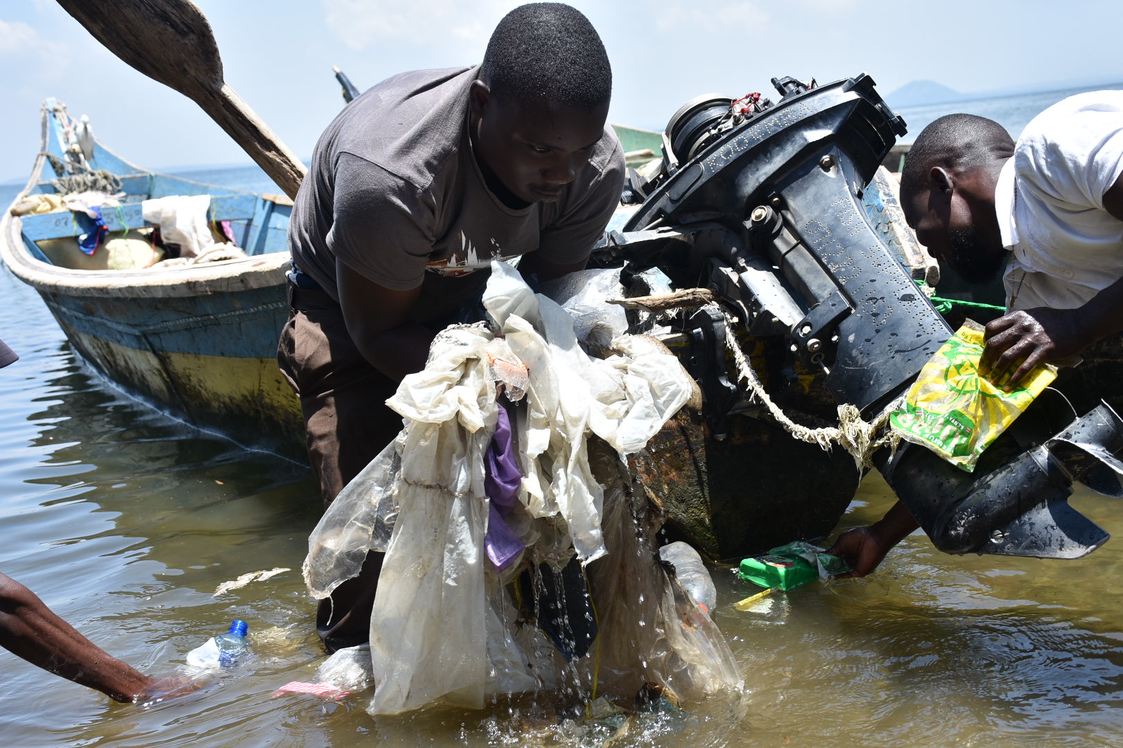 Fishermen collect plastic wastes from Lake Victoria at Mageta Island. The fishermen claim the plastics threatens aquatic life and is to blame to the dwindling fish stocks. BY VIOLA KOSOME 5 1