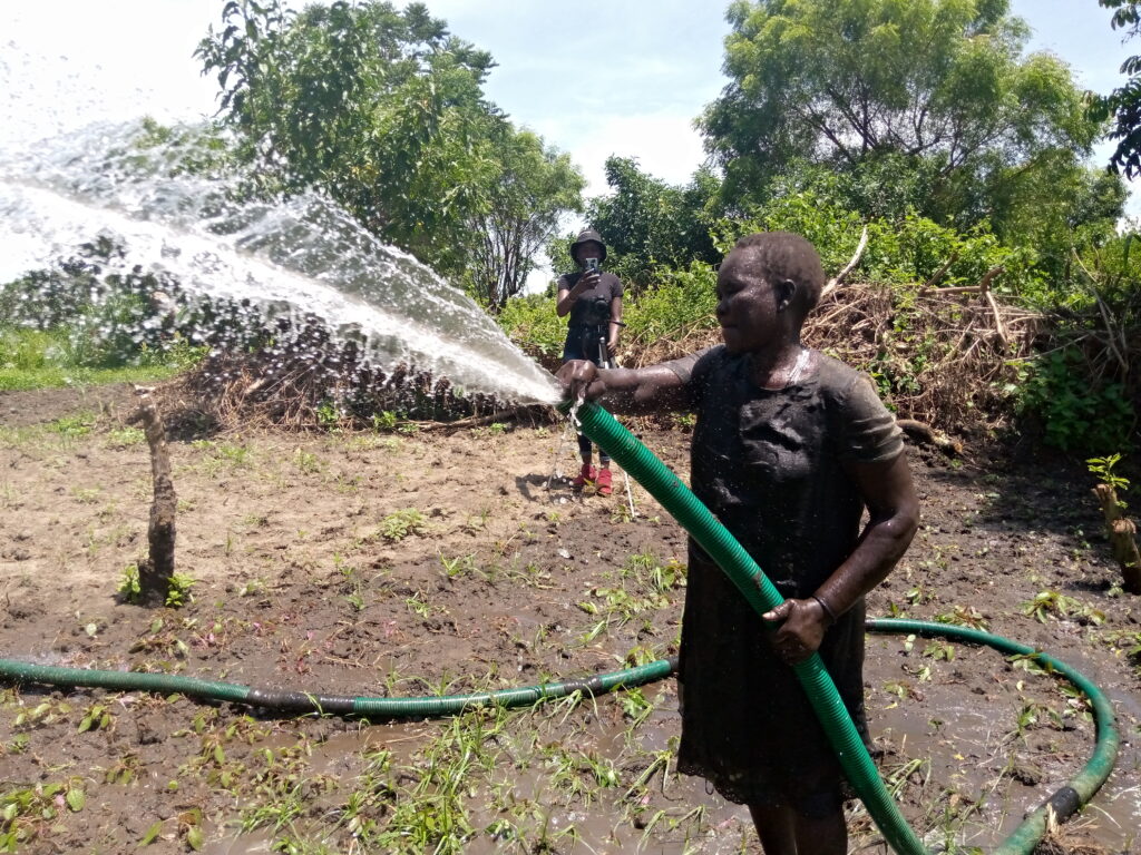 Farmers on Gondokoro island irrigating their crops using a water pump machine 1 2