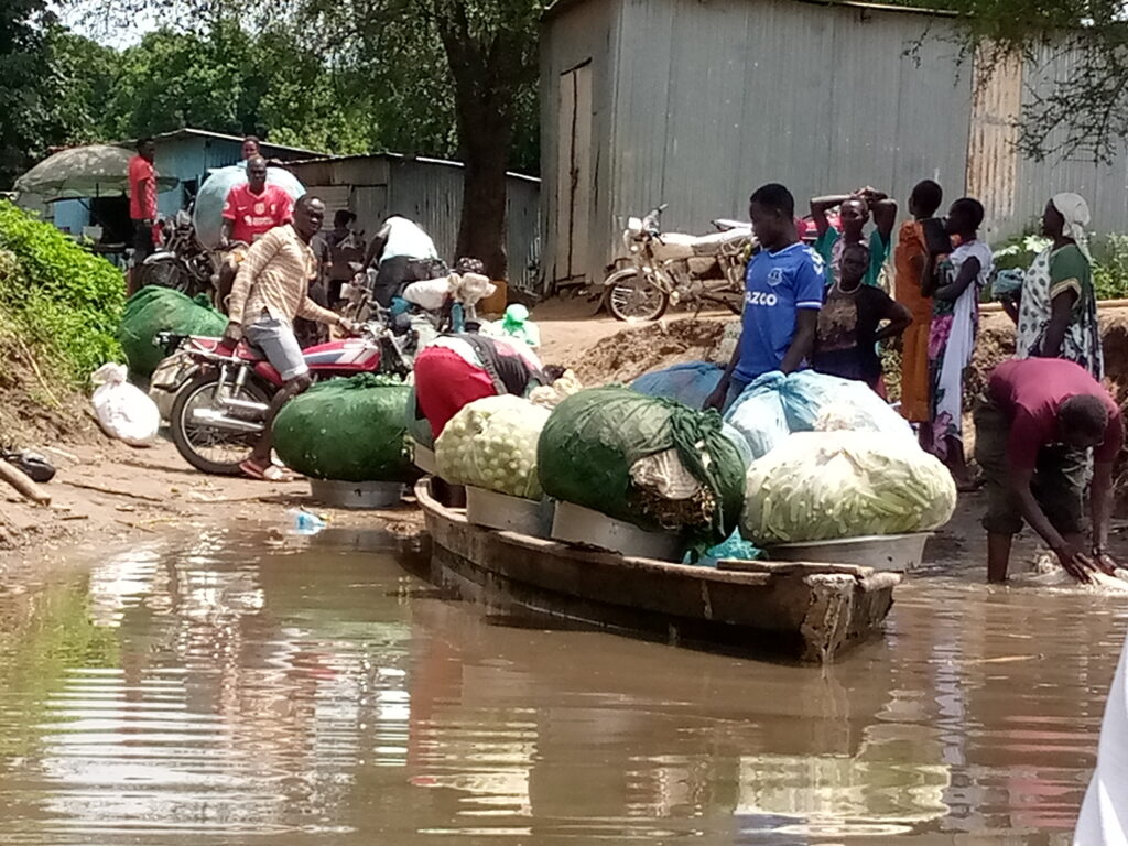 Groups of women from Gondokoro farmland transport their agricultural produce to the many markets by locally made boat Murkab