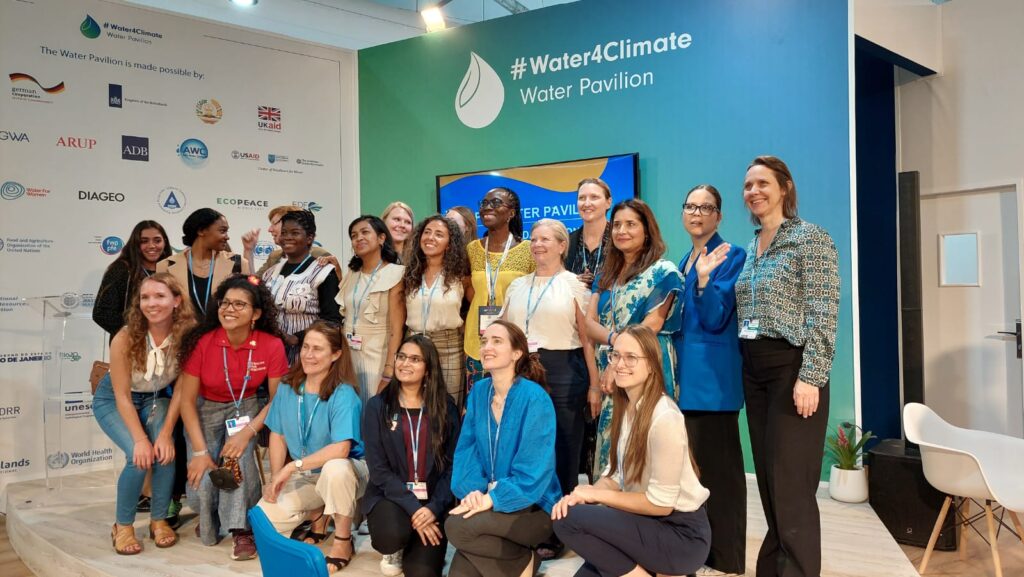 A group of women working in the water sector who convened at the Water Pavilion during a side event at COP27